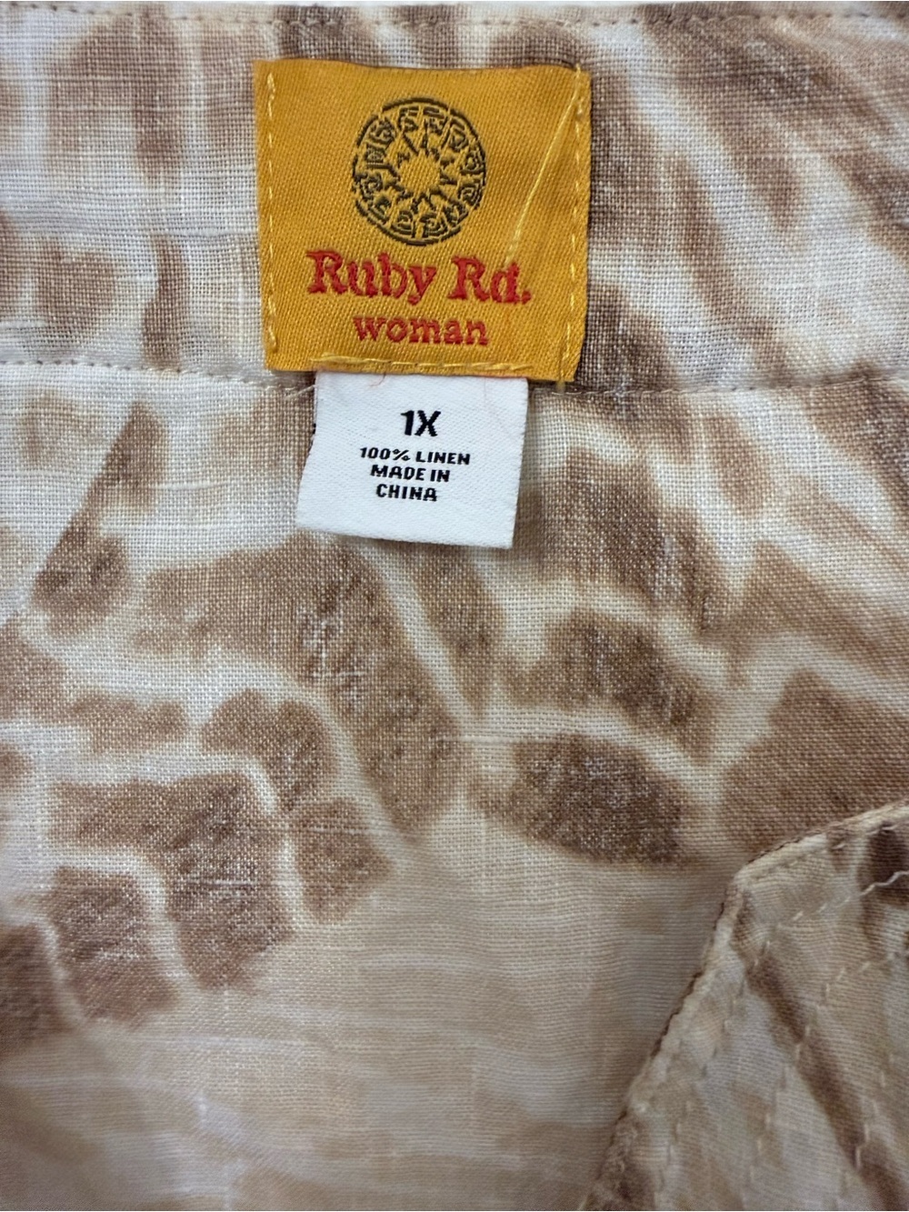 Ruby Rd. Brown & Beige Swirl V-Neck Blouse 100% Linen - Picture 2 of 4